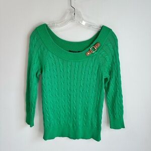 Lauren Ralph Lauren Cable Knit Round Neck 3/4 Sleeve Sweater Green Size Small